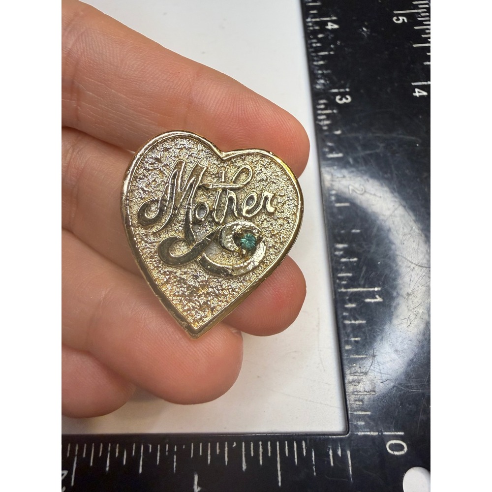 Gerrys Vintage Gold Tone Mother Heart Brooch Green Rhinestone Accent Pin